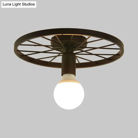 Retro Metal Pendant Light - Wheel Shaped Semi Flush Mount With 1 Bulb And Black Finish For Corridors