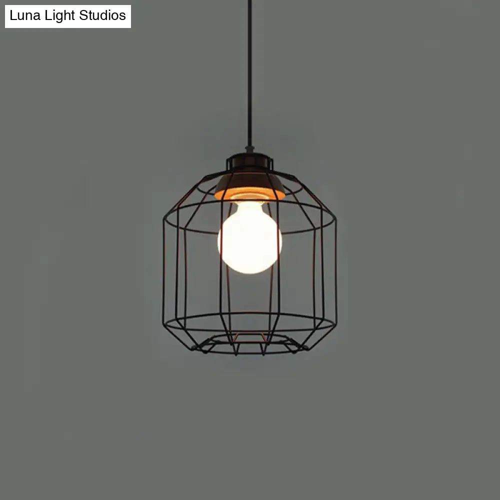 Retro Metal Pendant Light With Barrel/Cylinder Cage Shade - Bedroom Hanging Lamp In Black