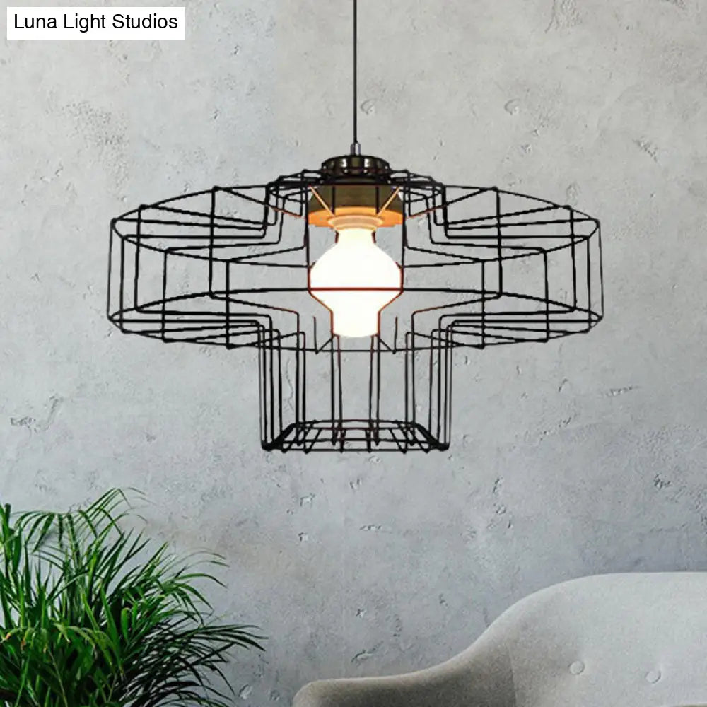 Vintage Black Hanging Pendant Light With Metal Cage Shade For Bedroom - Retro Style Lamp