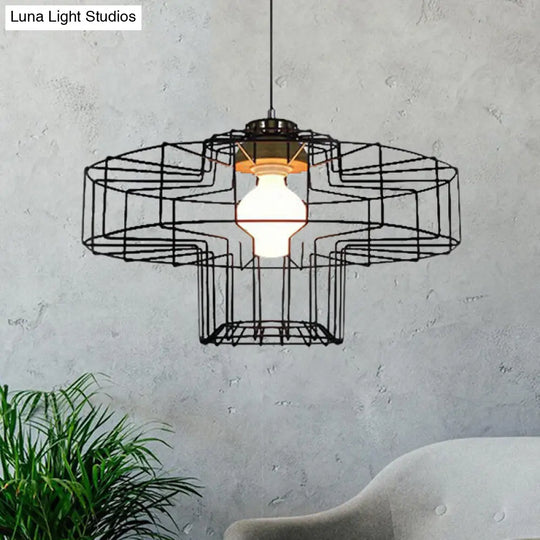 Vintage Black Hanging Pendant Light With Metal Cage Shade For Bedroom - Retro Style Lamp