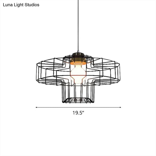 Retro Metal Pendant Light With Barrel/Cylinder Cage Shade - Bedroom Hanging Lamp In Black