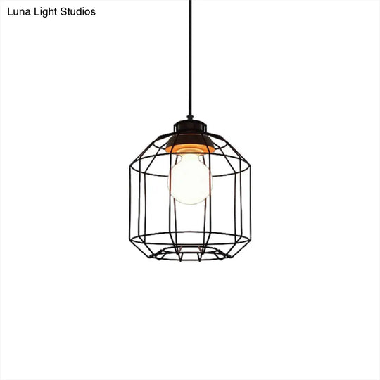 Vintage Black Hanging Pendant Light With Metal Cage Shade For Bedroom - Retro Style Lamp