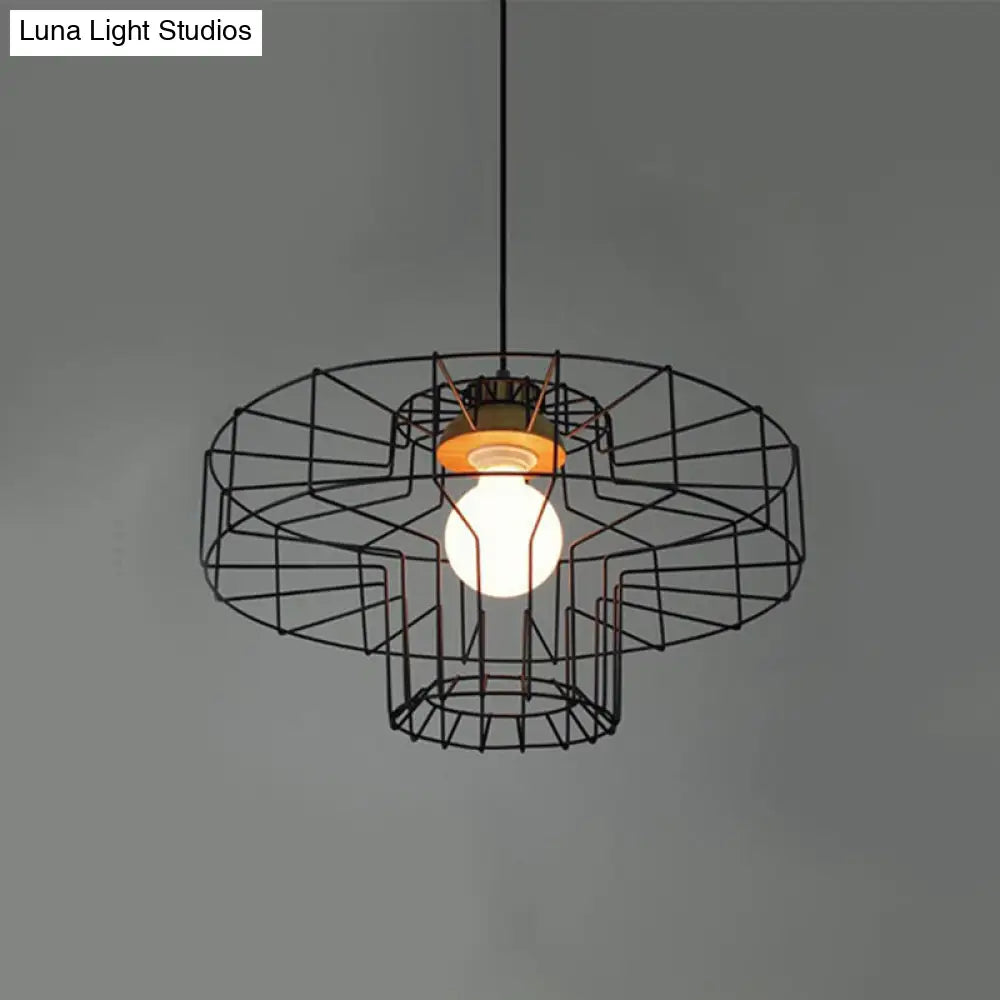 Retro Metal Pendant Light With Barrel/Cylinder Cage Shade - Bedroom Hanging Lamp In Black