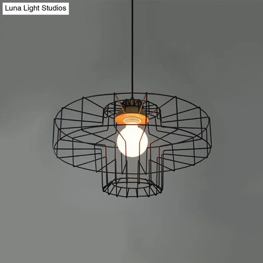 Retro Metal Pendant Light With Barrel/Cylinder Cage Shade - Bedroom Hanging Lamp In Black