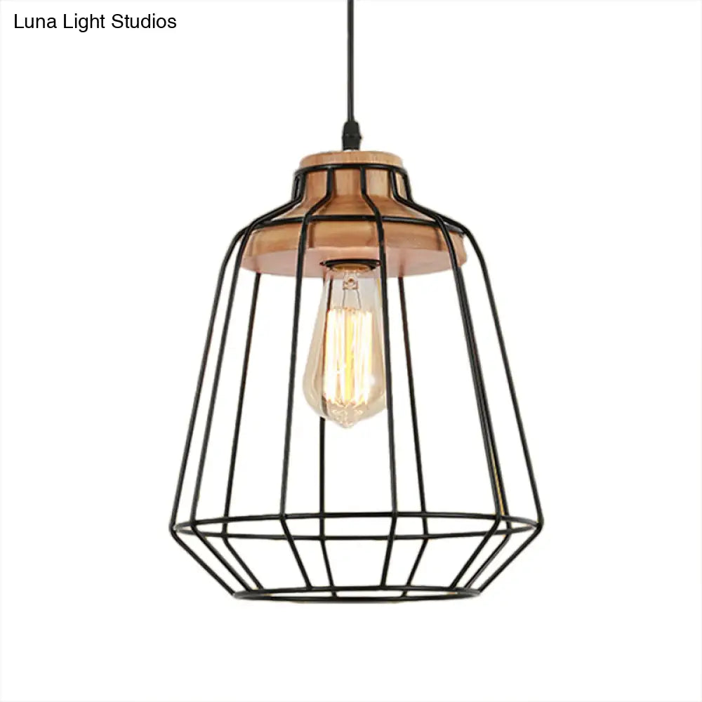 Retro Metal Pendant Light With Barrel/Cylinder Cage Shade - Bedroom Hanging Lamp In Black