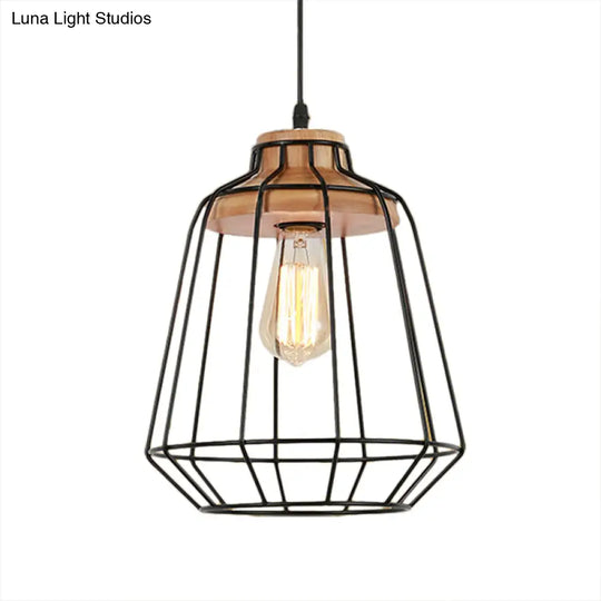 Retro Metal Pendant Light With Barrel/Cylinder Cage Shade - Bedroom Hanging Lamp In Black