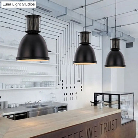 Retro Metallic Black Dome Pendant Light With Mesh Design 7.5’/11’ Width