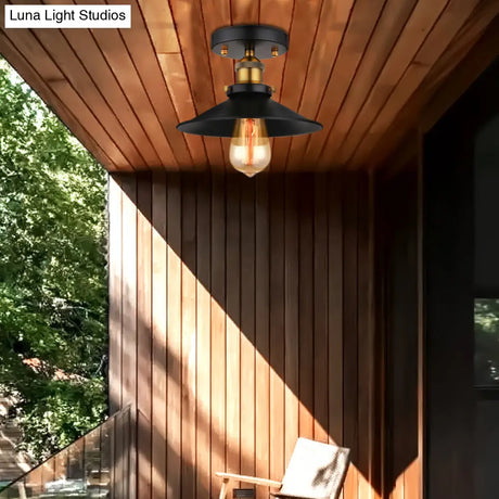 Retro Metallic Semi Flush Mount Ceiling Light - Black/Rust Cone Shade 1 Head Close To Lighting For