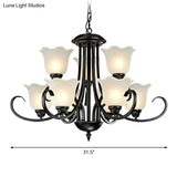 Retro Opal Frosted Glass Flower Chandelier In Black Finish: Elegant Hanging Light For Living Room