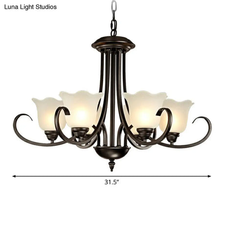 Retro Opal Frosted Glass Flower Chandelier In Black Finish: Elegant Hanging Light For Living Room