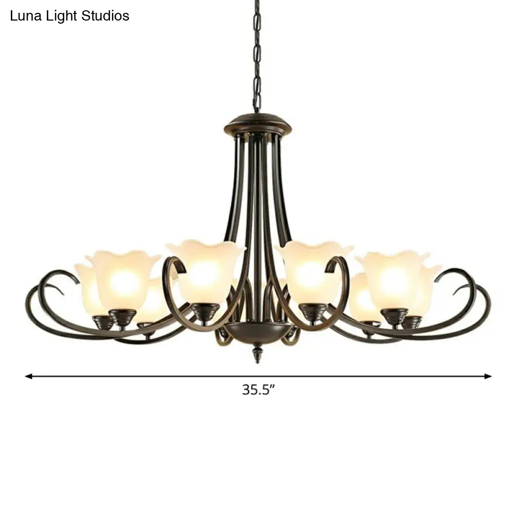 Retro Opal Frosted Glass Flower Chandelier In Black Finish: Elegant Hanging Light For Living Room