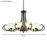 Retro Opal Frosted Glass Flower Chandelier In Black Finish: Elegant Hanging Light For Living Room