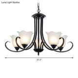 Retro Opal Frosted Glass Flower Chandelier In Black Finish: Elegant Hanging Light For Living Room