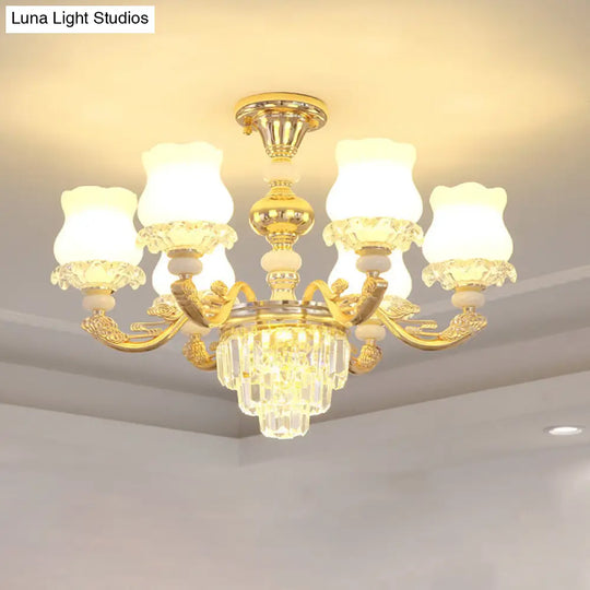 Retro Opal Glass Bud Pendant Light With Crystal Decor - Gold Chandelier Fixture