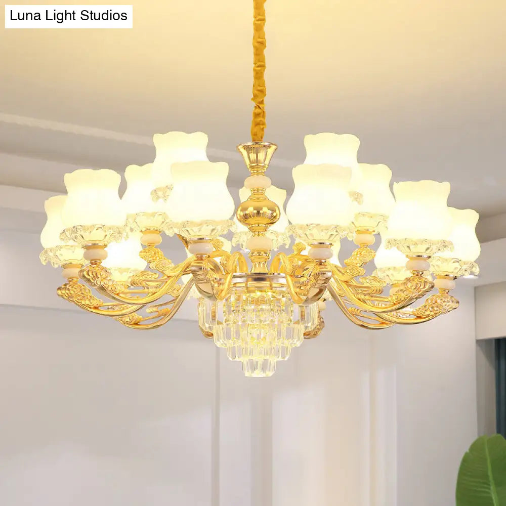 Retro Opal Glass Bud Pendant Light With Crystal Decor - Gold Chandelier Fixture