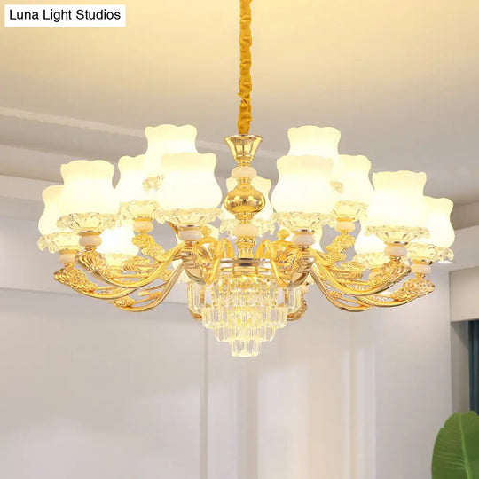 Retro Opal Glass Bud Pendant Light With Crystal Decor - Gold Chandelier Fixture