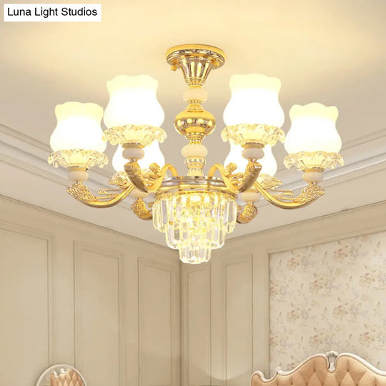 Retro Opal Glass Bud Pendant Light With Crystal Decor - Gold Chandelier Fixture