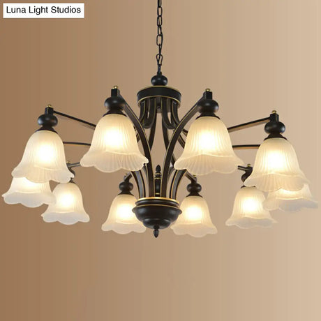 Retro Opal Glass Flower Chandelier In Black | Pendant Light Fixture For Living Room