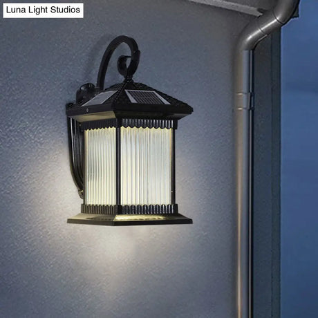 Retro Outdoor Led Wall Lighting: Ribbed Glass Square Solar Light In Black