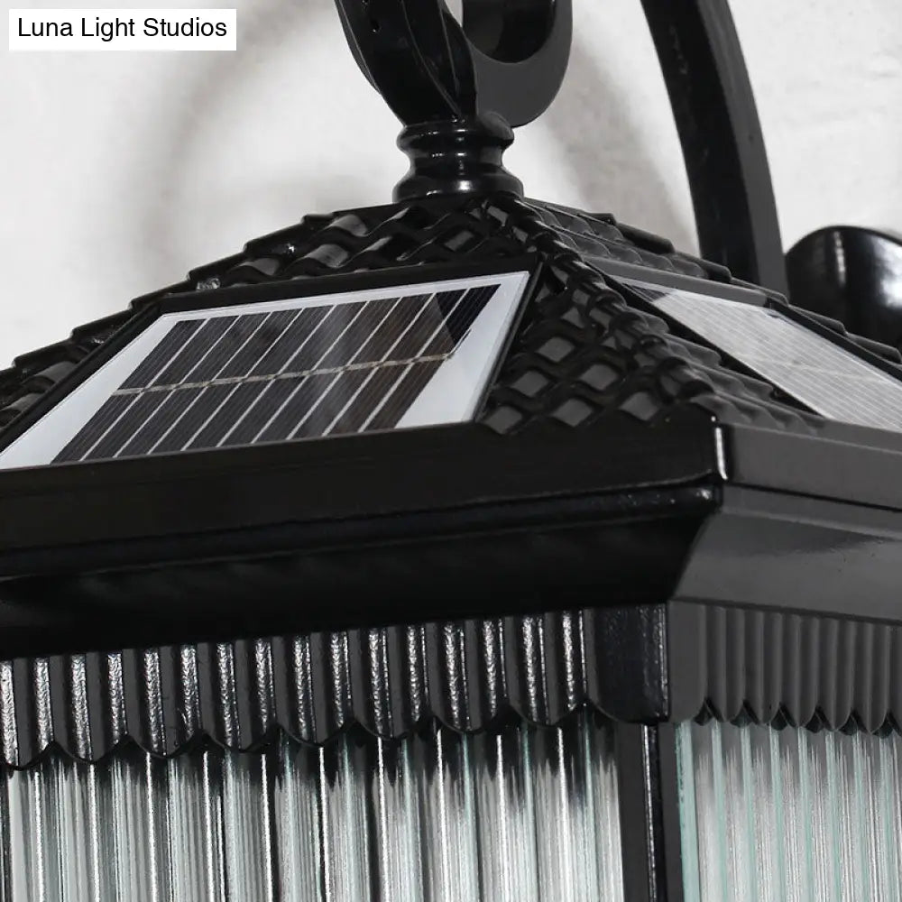 Retro Outdoor Led Wall Lighting: Ribbed Glass Square Solar Light In Black