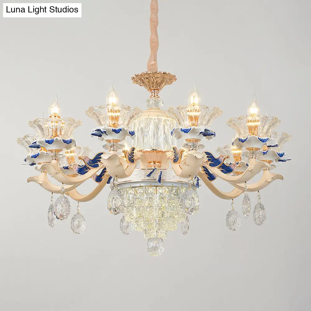 Retro Ribbed Glass Suspension Light With Crystal Draping In White - Perfect For Living Rooms
