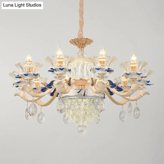 Retro Ribbed Glass Suspension Light With Crystal Draping In White - Perfect For Living Rooms