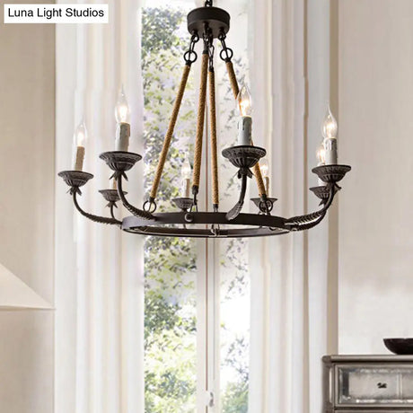 Retro Rustic Candelabra Chandelier With Hemp Rope Cord - Perfect For Living Room Pendant Lighting