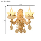 Retro Scalloped Frosted Glass Wall Sconce With Brass Carved Arm - 1/2-Light For Living Rooms
