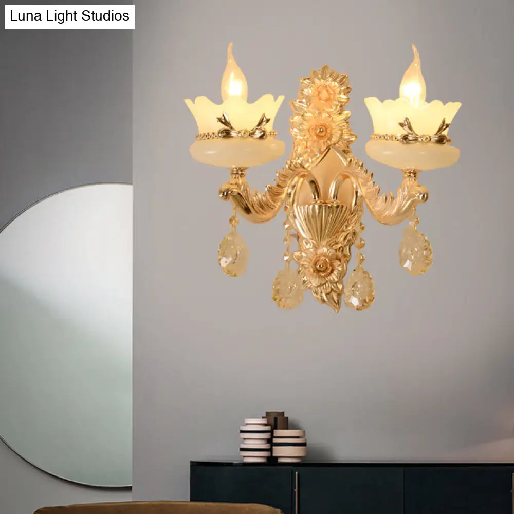 Retro Scalloped Frosted Glass Wall Sconce With Brass Carved Arm - 1/2-Light For Living Rooms