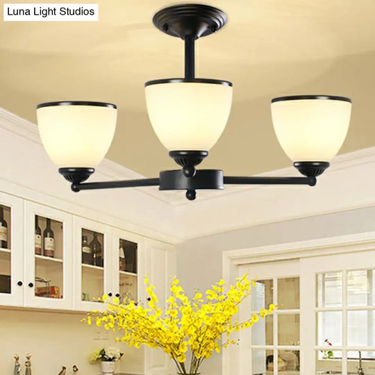 Retro Semi Flush Mount Metallic Ceiling Light With Black Finish And Bell Cream Glass Shade For