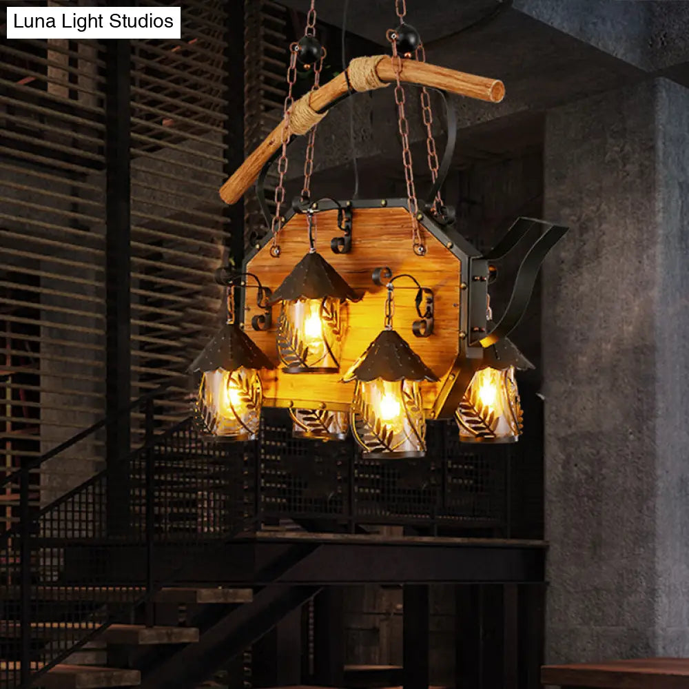 Retro Ship-Shaped Island Lamp - Black Metallic Hanging Light Fixture For Restaurants 6 Lights White