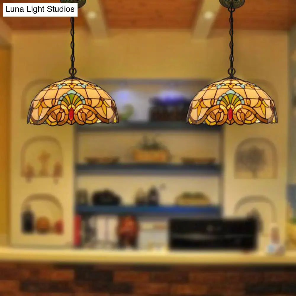 Retro Stained Glass Chandelier Pendant - Beige Bowl 2 Heads