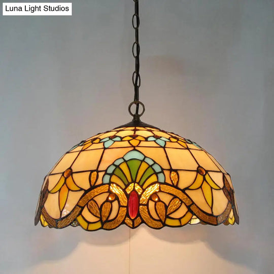 Retro Stained Glass Chandelier Pendant - Beige Bowl 2 Heads