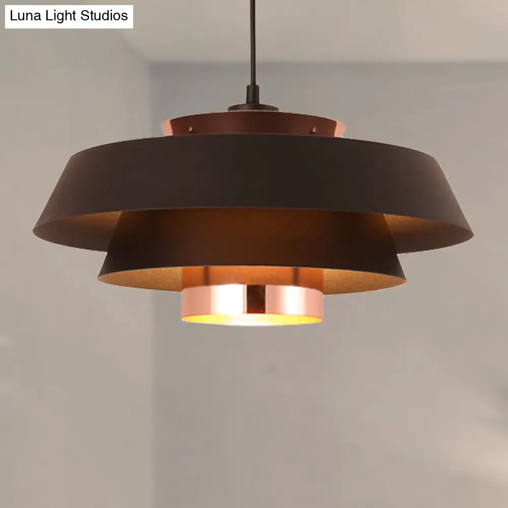 Retro Style 1-Light Metal 3-Tier Black Drum Shade Ceiling Fixture - Ideal For Restaurants