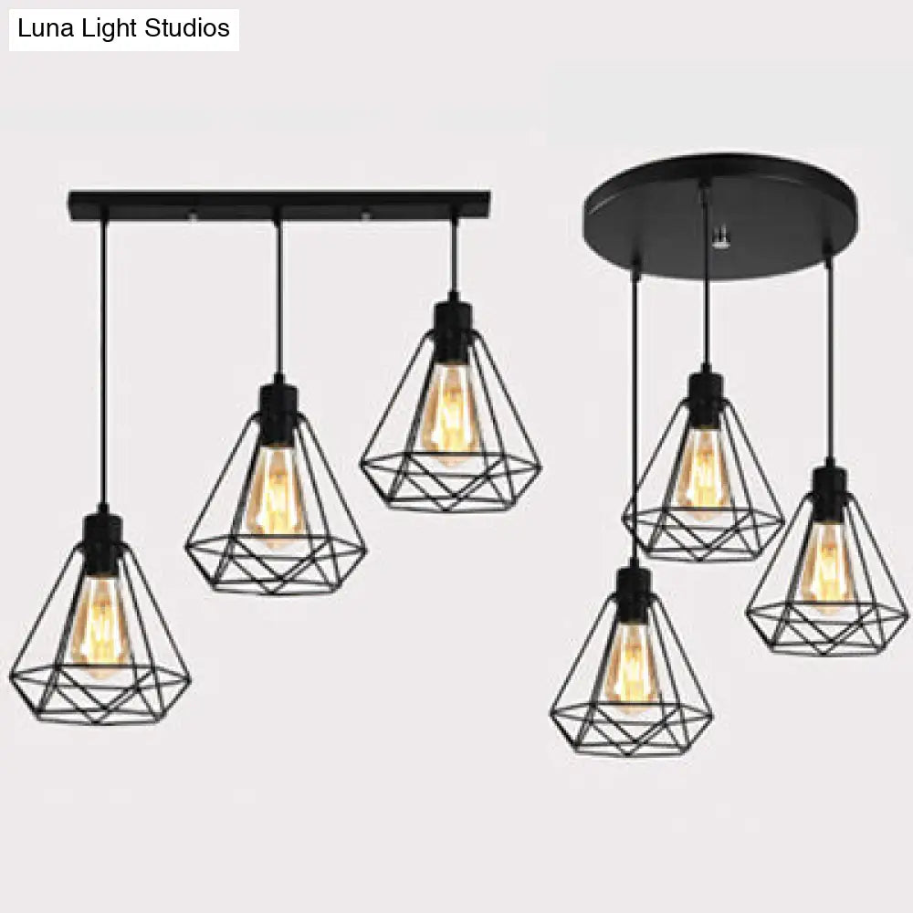 Metallic Wire Frame Hanging Lamp - Retro Style 3 Heads Black Indoor Ceiling Light With Diamond Shade