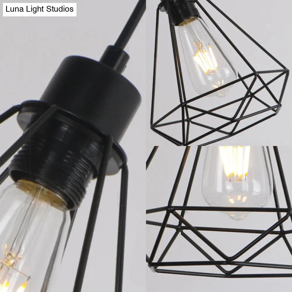 Retro Style 3-Headed Metallic Wire Frame Hanging Lamp With Diamond Shade - Indoor Ceiling Light In
