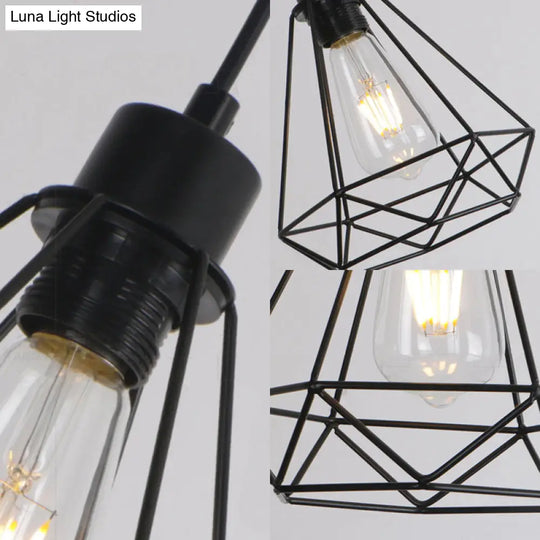 Retro Style 3-Headed Metallic Wire Frame Hanging Lamp With Diamond Shade - Indoor Ceiling Light In