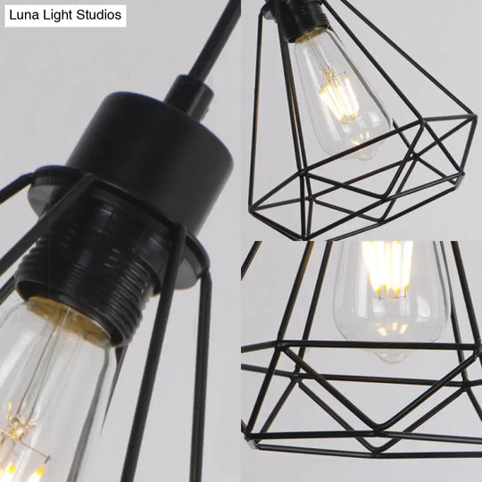 Metallic Wire Frame Hanging Lamp - Retro Style 3 Heads Black Indoor Ceiling Light With Diamond Shade
