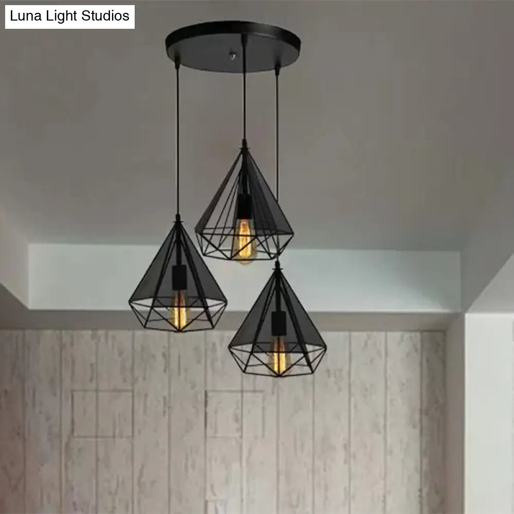 Retro Style Black Diamond Cage Pendant Light With 3 Metallic Heads For Dining Rooms - Round/Linear