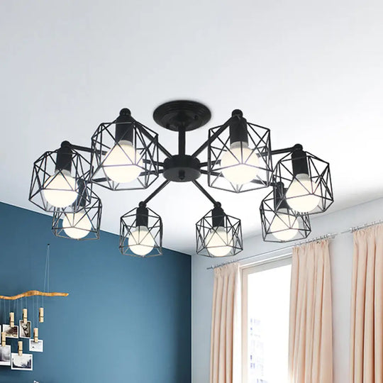 Retro Style Black Metal Semi Flush Pendant Light With Global Cage Shade For Living Room - 6/8