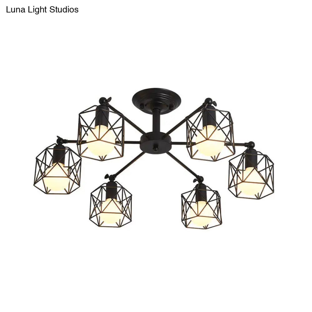 Retro Style Black Metal Semi Flush Pendant Light With Global Cage Shade For Living Room - 6/8 Lights