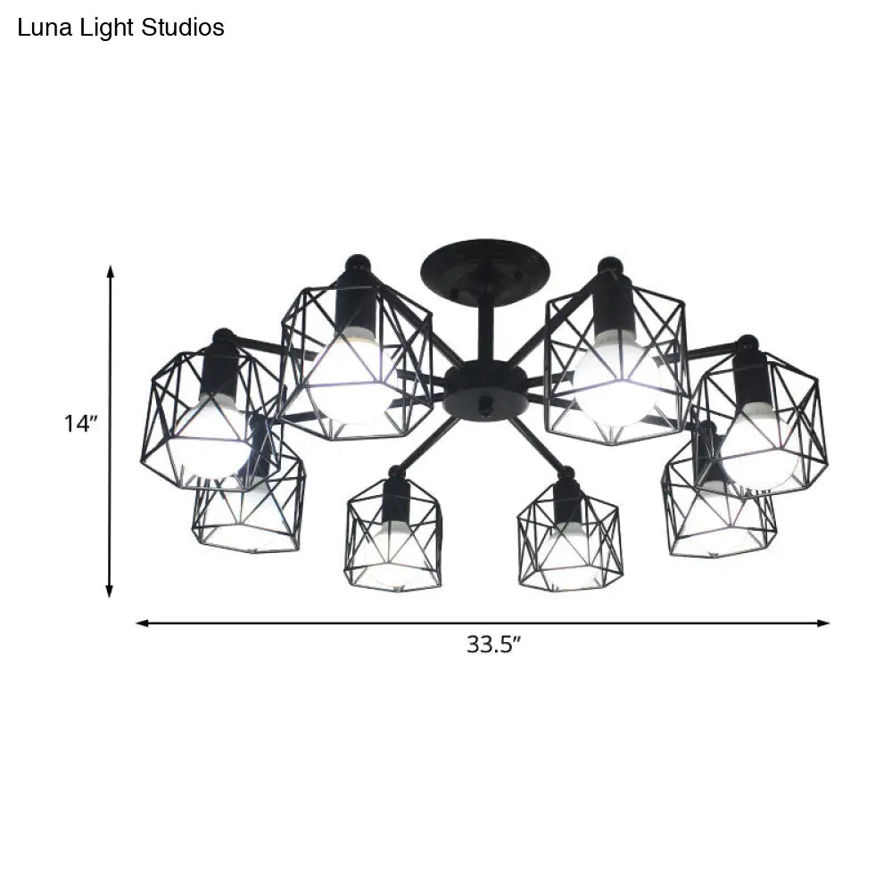 Retro Style Black Metal Semi Flush Pendant Light With Global Cage Shade For Living Room - 6/8