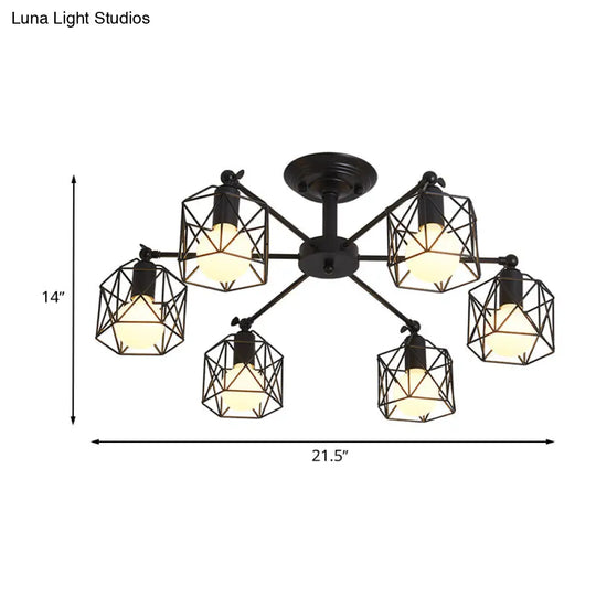 Retro Style Black Metal Semi Flush Pendant Light With Global Cage Shade For Living Room - 6/8