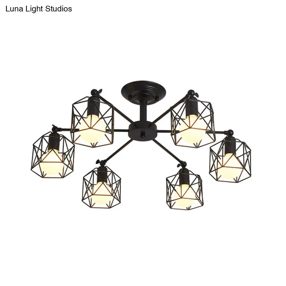 Retro Style Black Metal Semi Flush Pendant Light With Global Cage Shade For Living Room - 6/8