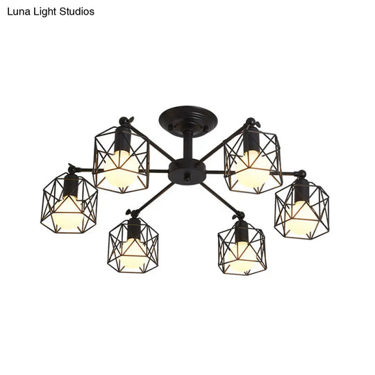 Retro Style Black Metal Semi Flush Pendant Light With Global Cage Shade For Living Room - 6/8