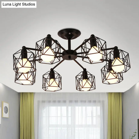 Retro Style Black Metal Semi Flush Pendant Light With Global Cage Shade For Living Room - 6/8