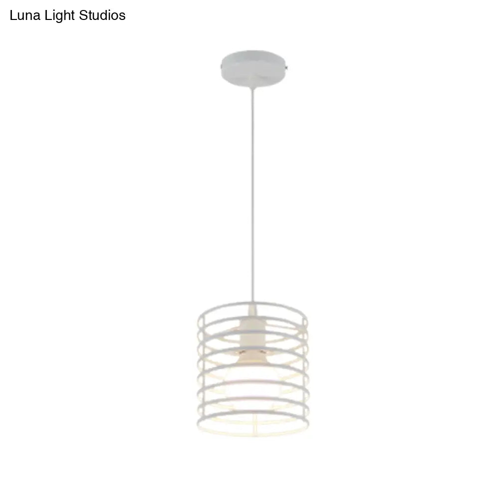 Retro Style Black/White Cylinder Cage Pendant Ceiling Lamp - Adjustable Height Indoor Metal Hanging