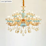 Retro Style Blue Suspension Light With Crystal Facets - Living Room Chandelier