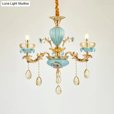 Retro Style Blue Suspension Light With Crystal Facets - Living Room Chandelier