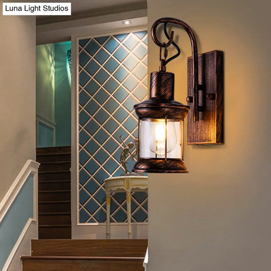 Retro Style Bronze Iron Lantern Wall Light - Single-Bulb Fixture For Restaurant Lighting